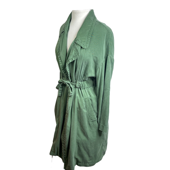 Zara Olive Green Light Weight Trench Coat Duster Jacket Belted Waist Tied - Picture 14 of 15